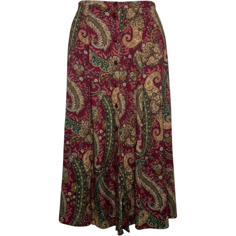 VTG 90s Koret Women Skirt XL Red Dark Academia Paisley Button Front Paisley